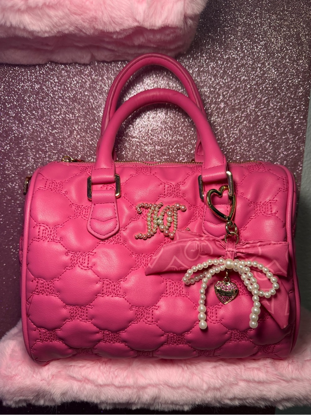 Juicy Couture Pink Quilted Barrel Duffle Satchel - Hot Pink JC Logo